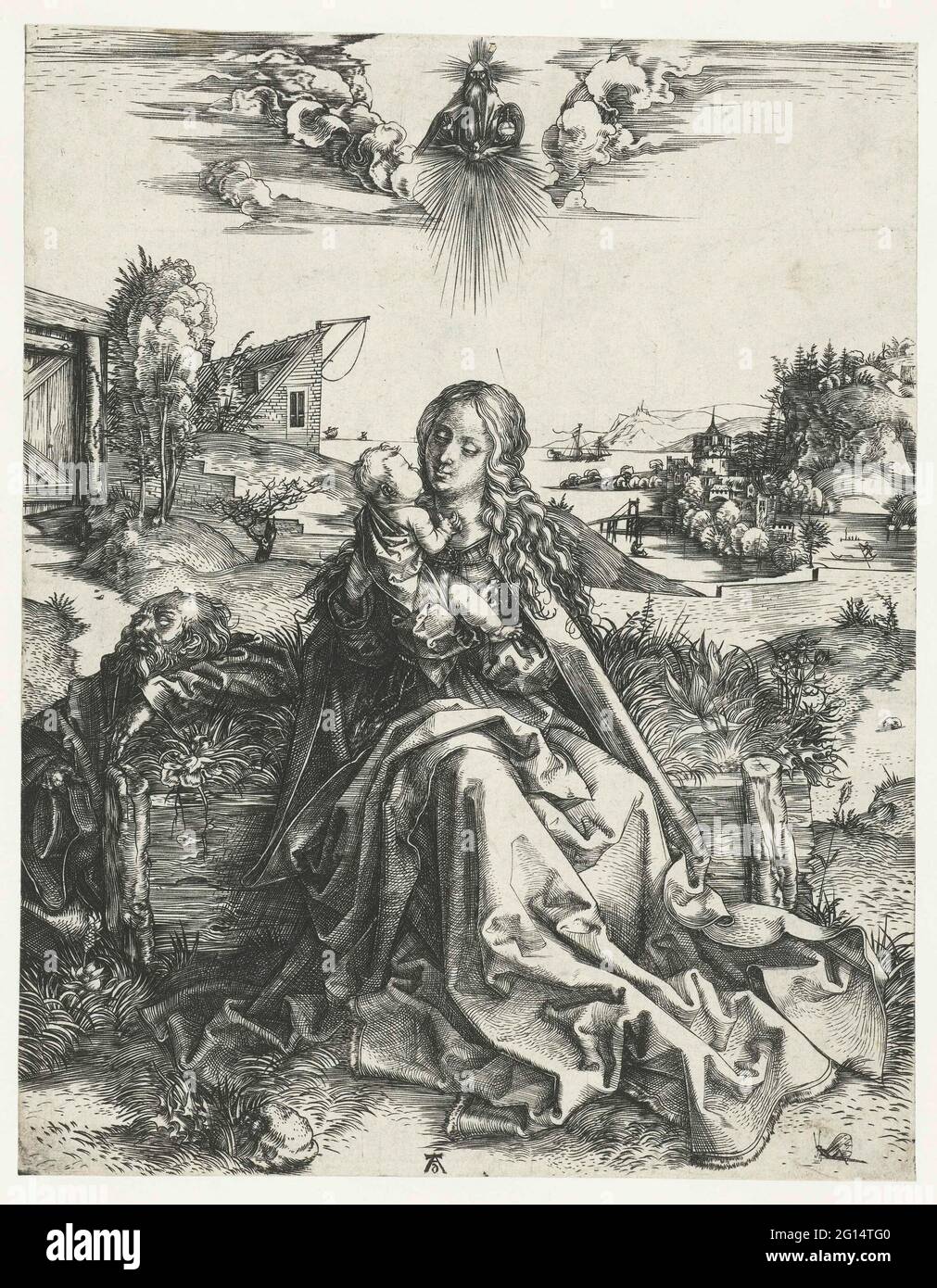 La Sacra Famiglia con la libelle. Maria è seduta su una recinzione di legno con il Cristo bambino sul braccio. Giuseppe sta dormendo accanto a loro. Per lo zoom del vestito di Maria a terra una libellula. Sopra di loro nell'aria Dio e lo Spirito Santo sotto forma di piccione. Alcune case sullo sfondo e una torre su una costa. Foto Stock