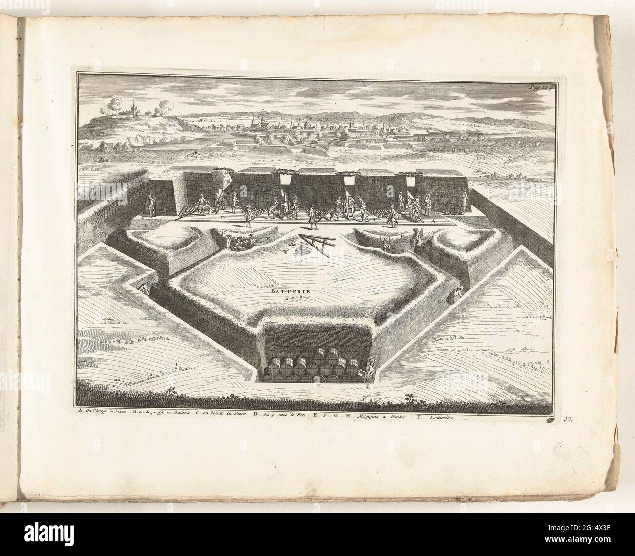 Bombardamento di una città, ca. 1702; Battery; Les Forces de l'Europe, Asie, Afrique et Amerique, ou Description des principales Villes avec leurs fortificazioni. Dessignées PAR LES MEILLEURS Engineers, privato Celles qui sont Sous la dominazione de la France (...) Et Ornées i plusieurs Superbes Edifes. Bombardamento di una città durante un assedio. Una batteria in primo piano. Firma in alto a destra: Pag. 204 e in basso a destra: 49. 12 nella foto nel contesto di un totale di 276 targhe numerate di rinomate città forti e fortezze nel contesto della guerra di successione spagnola. Per la maggior parte p Foto Stock