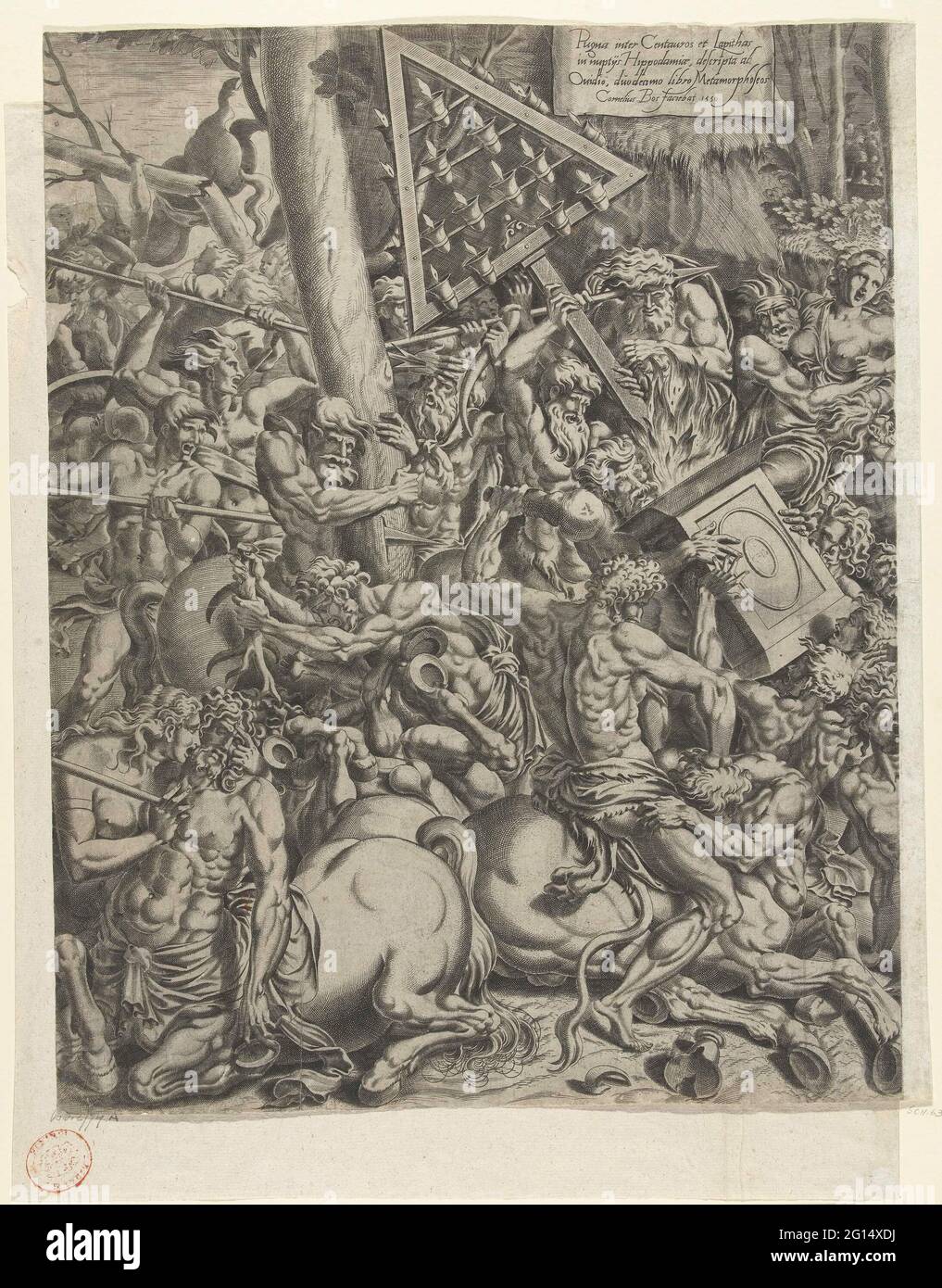 Lotta tra Lapithen e Centaurs, parte sinistra; Centauromachie, piatto sinistro; Pudna Inter Centauros e Lapithas in Nuptijs Hippodamiæ (...). Lotta raccapricciante tra i centauri e i Lapithen. I Lapithen celebrano il matrimonio dei loro re piriti e hippodamea. I centauri che sono stati invitati ad avviare una sanguinosa battaglia e cercare di rapire la sposa. Tutto ciò che si può ottenere nelle mani è usato come un'arma. Molti centauri sono uccisi con le lance. Foto Stock