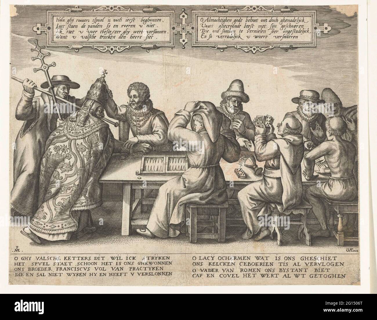Il gioco contro i monaci, ca. 1570; Hola Ghy Roovers Tspuel non è mai stato eretto. La partita contro i monaci, circa 1570. A un tavolo, tre monaci giocano contro tre cittadini (probabilmente Geuzen o Calvinisti) un gioco di triktrak, mappe e dadi. Se i monaci perdono, cercate di intervenire con violenza il papa e un cardinale. Con once in cartocchi di 2 volte 4 linee in olandese e una didascalia anche da 2 volte 4 linee in olandese. Cartoon sulla chiesa romana. Foto Stock