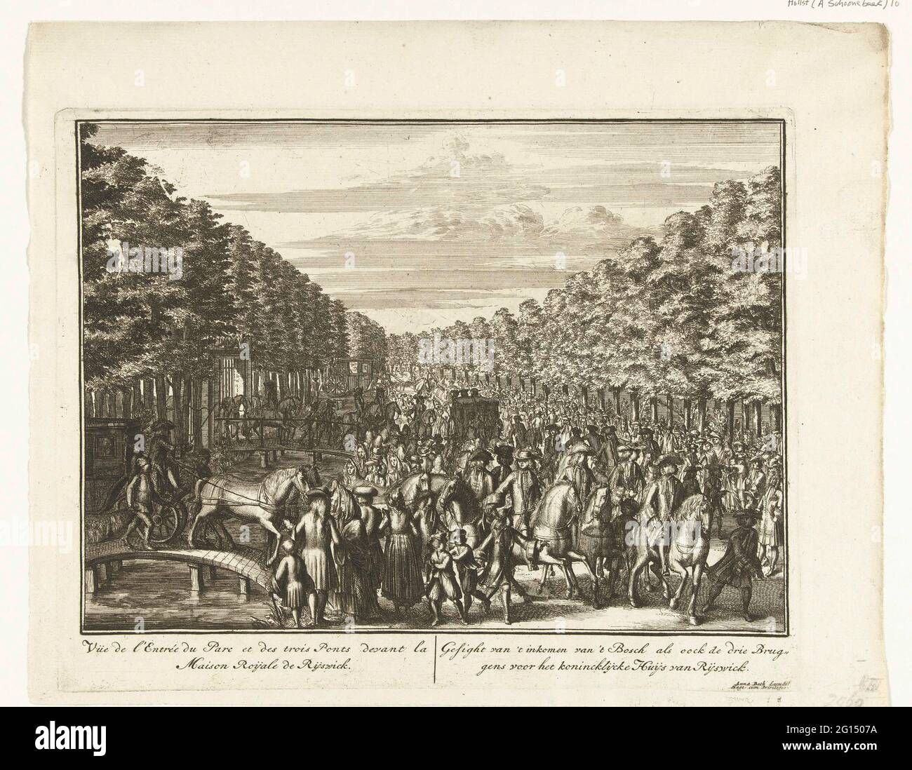 Boslaan con i tre ponti per la casa a Nieubch a Rijswijk, 1697; Gestione del reddito da 't Bosch come Oock de Three Buggens per il Richijk Huijs van Rijswick / Vüe de l'Entrée de Parc et des Trois Ponts Devant la Maison Roidale de Rijswick; Serie di quindici stampe sulla casa Ter Nieuburch a Rijswijk e i negoziati di pace, 1697; Le Château Roial De Ryswick Appelle De Neubourg AVEC Les Differens Apartenens ou se Tiennent Les Conference De la Paix Generale / il Castello di Koninglyke a Ryswyck, nomi Nieuwburg, con tutte le camere e i piaceri Selfs, a BYSonder, dal Foto Stock