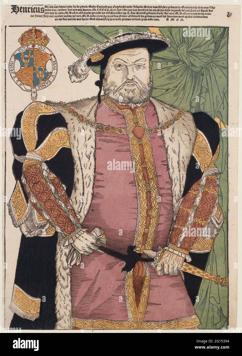 Ritratto di Hendrik VIII dall'Inghilterra. Hendrik de VIII d'Inghilterra (1491-1547), vestito con gonna lilla e giacca nera con passaggio giallo dorato, fodera in pelliccia color sabbia, maniche sotto colore rosso-marrone. Berta nera e cintura. Gonna, frontale contro una tenda inclusa, affrontata in una linea di confine, all'interno della quale l'arma inglese coronata con l'ordine di garter. Sopra la linea di bordo iscrizione a cinque righe in olandese. Pendente di edoardo vi ritratto. Foto Stock