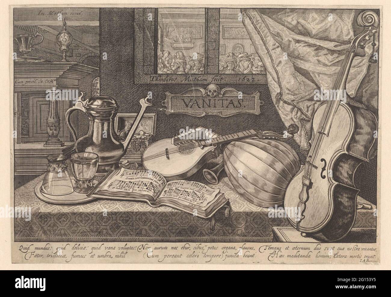 Vanitas ancora vita con strumenti musicali. Tavolo con strumenti musicali (gamberi e polmoni), un libro di musica inclinato, una caraffa da donare e bicchieri. Su una cartouche con cranio la parola vanitas. La finestra mostra una stanza in cui si ballano le danze. Foto Stock