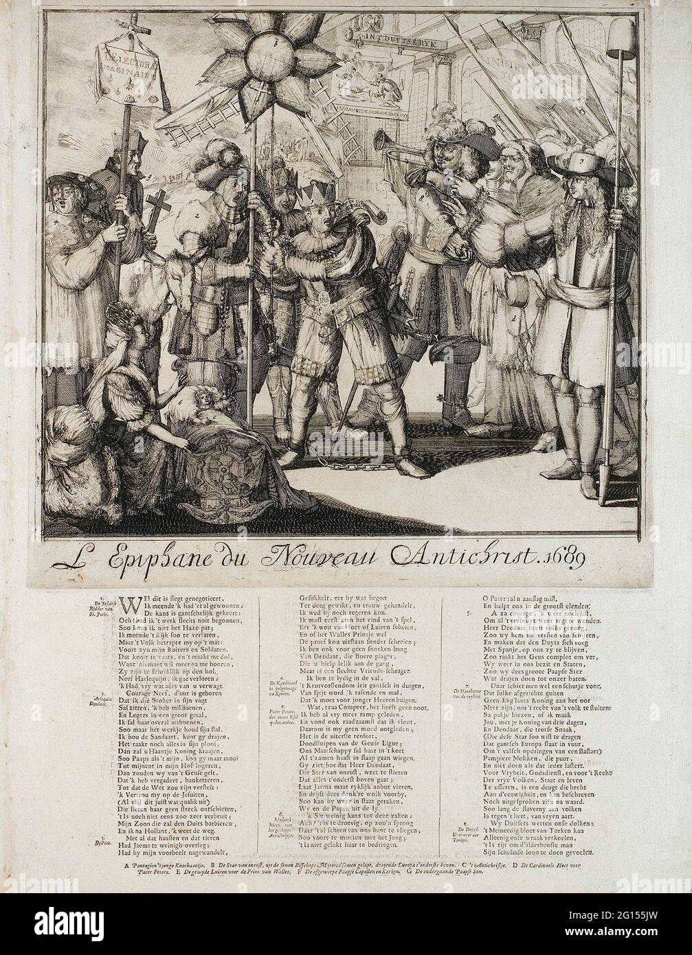 Cartoon sulla caduta di Jacobus II e il suo volo in Francia, 1689; L Epiphane du Nouveau Antichrist. 1689; Cartoon su Jacobus II e Luigi XIV e gli eventi degli anni 1688-1689. Cartoon sulla caduta di Jacobus II e il suo volo in Francia il 6 gennaio (Epifania), 1689. Jacobus II, Luigi XIV e il Delfino cantano sull'Epifania per il Papa, l'Imperatore Leopoldo i e Willem III A sinistra anche la Regina Maria di Modena con il povero bambino, il Cardinale e Padre Peters (Edward Petre) su un asino. Sotto la mostra un versetto in 3 colonne con una dichiarazione delle cifre 1-8 in olandese. Nella parte inferiore di un st Foto Stock