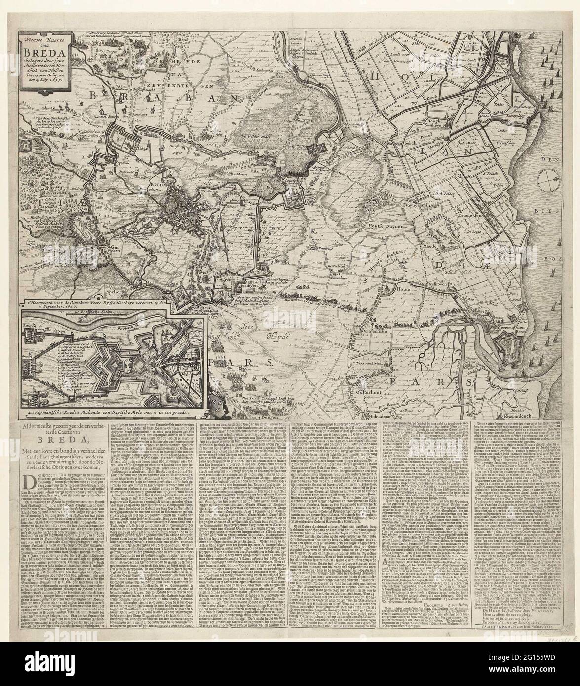 Mappa dell'assedio van Breda, 1637; Nieuwe Kaerte van Breda assediegert di Syne Altessa Frederick Hendrick van Nassou Prince da Orangien den 23 luglio 1637; ELDERNEST corregge e migliora Caerte van Breda, con un breve e Bondigh Verhael der Stadt, Harer Ghelegentheyt, di nuovo, e cambiando, con le guerre olandesi. Mappa delle Beschie da Breda da da parte dell'Esercito di Stato sotto Frederik Hendrik, 23 luglio - 10 ottobre 1637. Mappa della città e dintorni con collegamenti la città, in alto a sinistra una cartouche con il titolo, in basso a sinistra una cartouche con una mappa del bastione sulla porta di Ginekens, conquista il 7 settembre. Rl Foto Stock