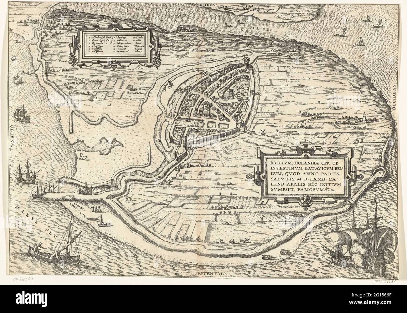 Mappa dell'isola di Allow e mappa di Brielle, 1572; Brilium, Holandiae Opp. OST Intestinum Batavicum Bellum, Quod Anno Partae Salutis M.D.LXXII. Calend Aprilis, Hîc Initium Sumpsit, Famosum. Mappa dell'isola di Voorne con una mappa della Brielle portata dalle oche d'acqua il 1° aprile 1572, in una prospettiva a conchiglia. In alto a sinistra una cartouche con una leggenda olandese 1-16. A destra una cartouche con il titolo in latino. In basso a sinistra una barca da pesca, in basso a destra due navi da guerra. Verso non stampato. Foto Stock