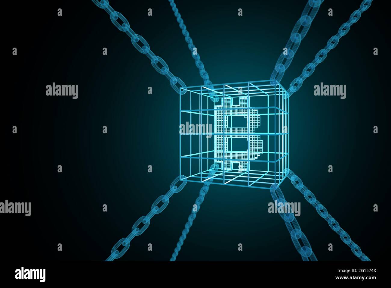 Bitcoin segno racchiuso in catene. Concetto di catena a blocchi. illustrazione 3d. Foto Stock