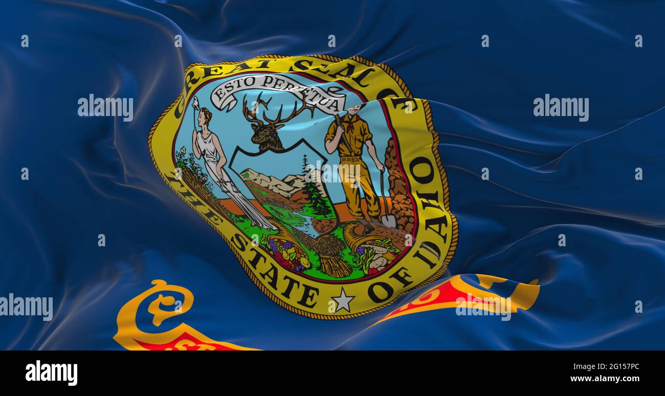 Bandiera dell'Idaho che ondola nel vento. Concetto patriottico sullo stato. illustrazione 3d. Foto Stock