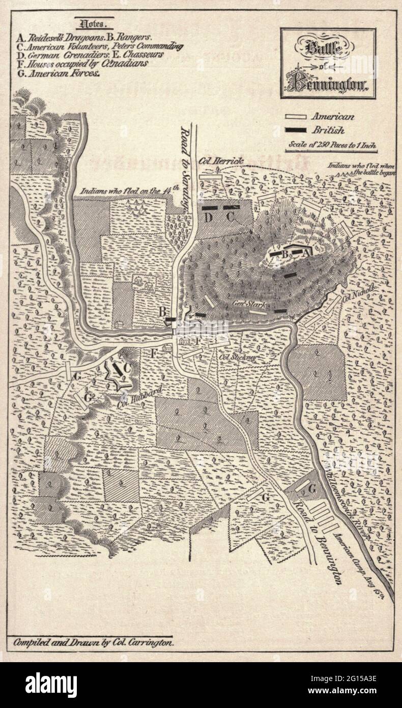 Mappa di battaglia della battaglia di Bennington durante la guerra rivoluzionaria americana Foto Stock