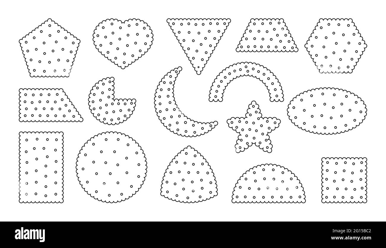 Set di icone biscotto con contorno nero. Contorno modello snack, cracker. Collezione gustosi biscotti alimentari diverse forme vista dall'alto cerchio, quadrato, cuore. Biscotti di pasticceria. Isolato su illustrazione vettoriale bianca Illustrazione Vettoriale