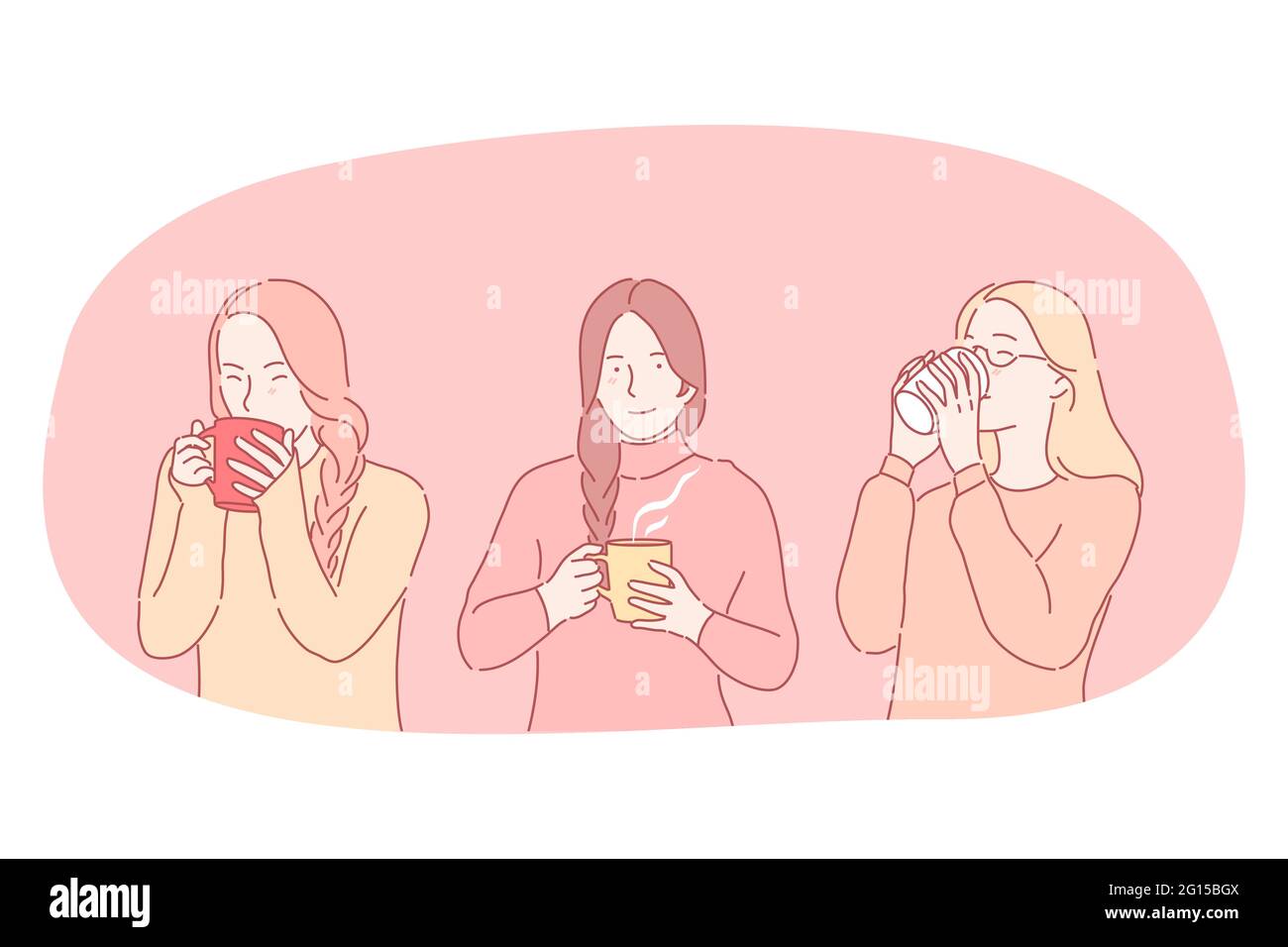 Bevande calde durante le stagioni fredde. Giovani donne positive cartoni animati che tengono tazze e bere bevande calde tè, caffè, cacao per il riscaldamento durante attune in inverno vettore illustrazione Illustrazione Vettoriale