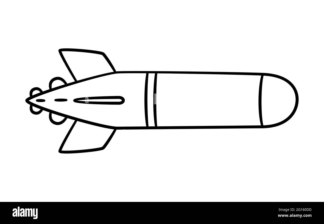 Icona del siluro disegnata a mano. Bambini disegno di un missile. Illustrazione vettoriale in stile doodle su sfondo bianco Illustrazione Vettoriale