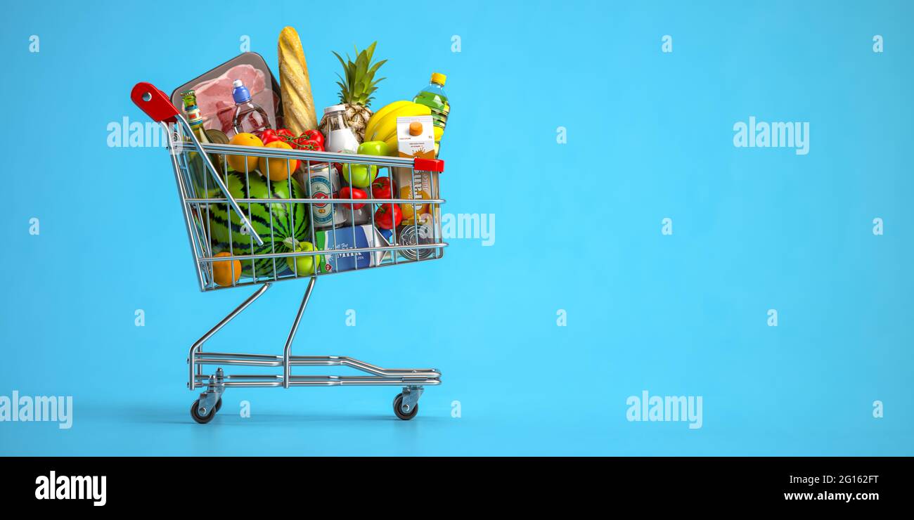 Carrello pieno di cibo su sfondo blu. Concetto di negozio di alimentari e alimentari. illustrazione 3d Foto Stock