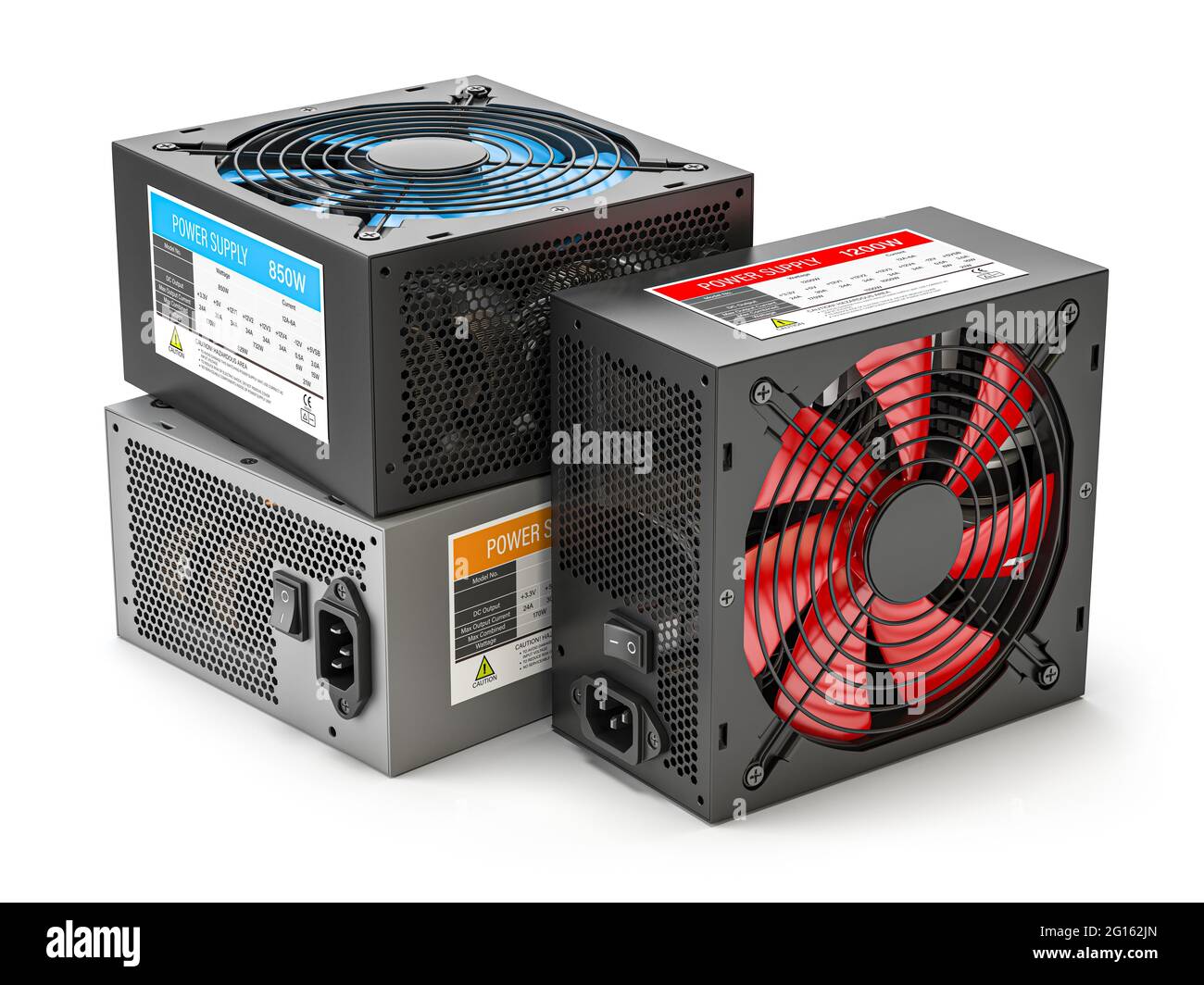 Diverse unità di alimentazione CA per computer isolate su un'illustrazione 3d bianca Foto Stock