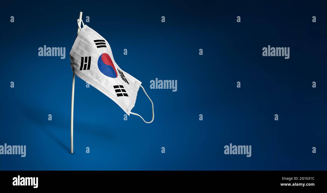 Bandiera ondulata della Corea del Sud dipinta su maschera medica sul palo. Concetto del banner della lotta contro l'epidemia coronavirus COVID-19. Spazio di copia Foto Stock