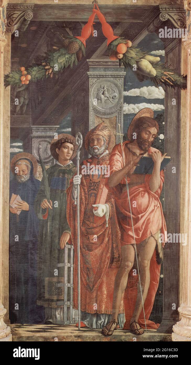 Andrea Mantegna - pala d'altare San Zeno Veron pannello destro San Benedetto San Lorenzo San Gregorio San Giovanni 1459 Foto Stock
