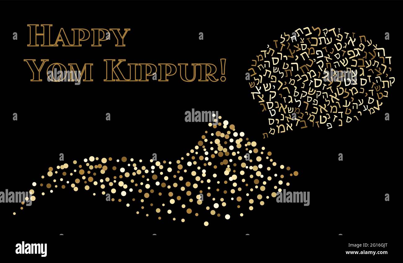 Shofar Yom Kippur biglietto d'auguri, illustrazione vettoriale. Confetti dorati scintillanti su sfondo nero. Corno di preghiera per le vacanze ebraiche. Puntini di polka casuali. Illustrazione Vettoriale