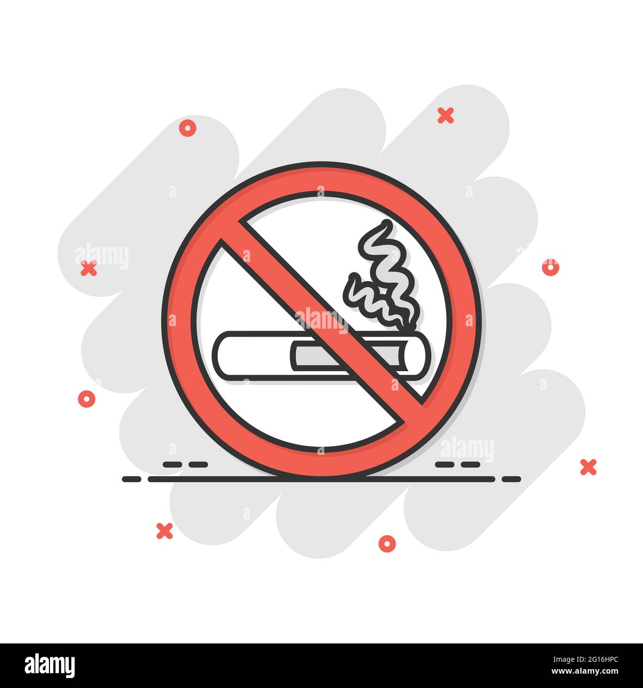 Icona di un cartello per non fumare in stile comico. Illustrazione vettoriale dei fumetti di sigaretta su sfondo bianco isolato. Nicotina splash effetto concetto di business. Illustrazione Vettoriale