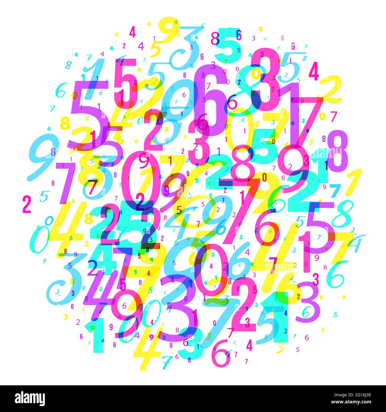 Sfondo matematico - numeri diversi in sequenza casuale. Colorato schema scolastico per i bambini. Sfondo matematico multicolore per bambini. Vetto astratto Illustrazione Vettoriale