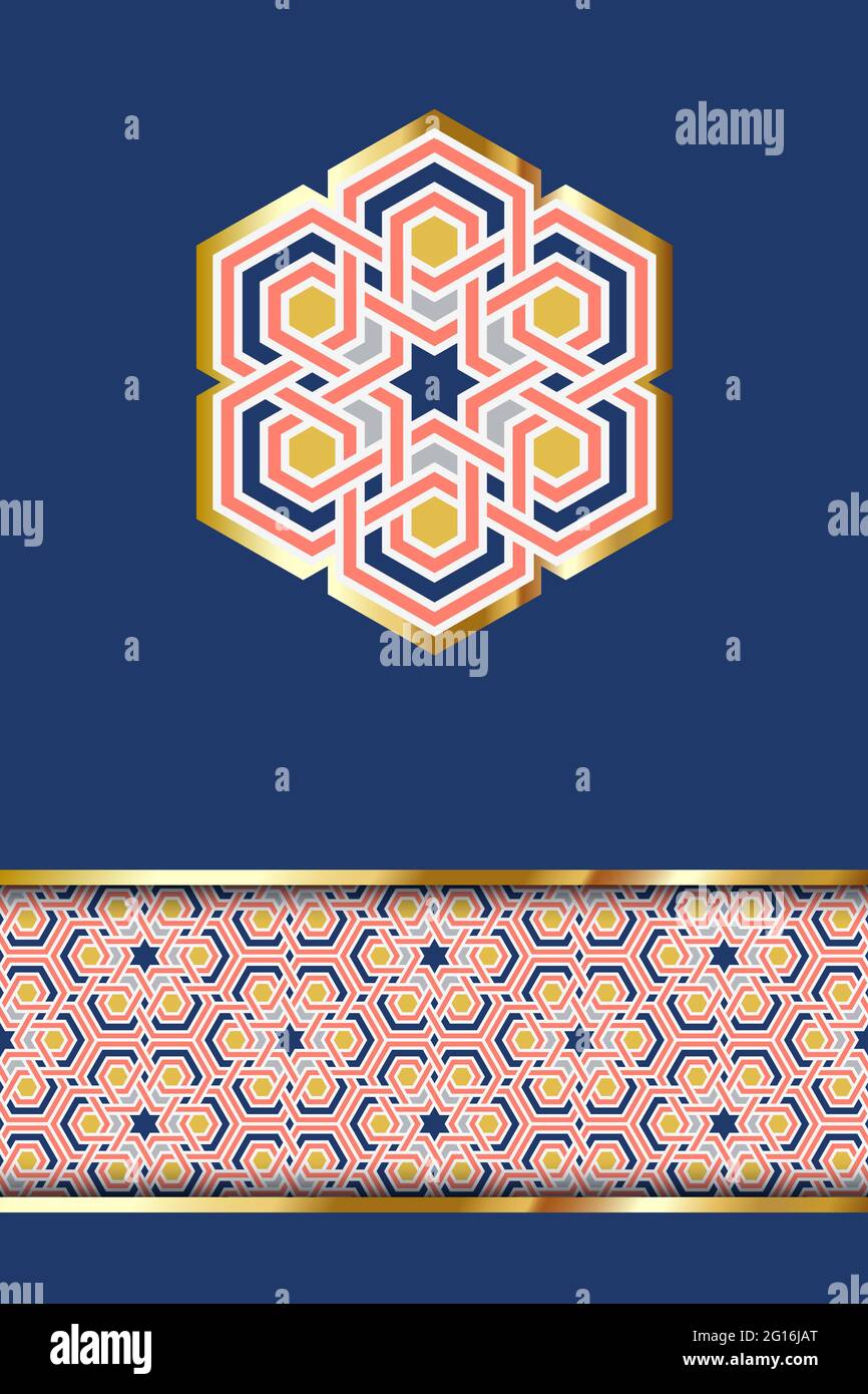 Modello biglietto di auguri per le festività musulmane. Geometria tradizionale arabica dell'islam, elemento di design decorativo e bordo del pattern. Illustrazione vettoriale. Ramadan K. Illustrazione Vettoriale