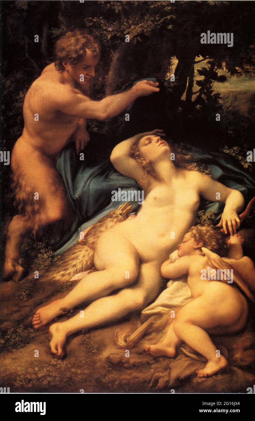 Antonio Allegri, Dit Correggio - Venere Satiro e Cupido Foto Stock