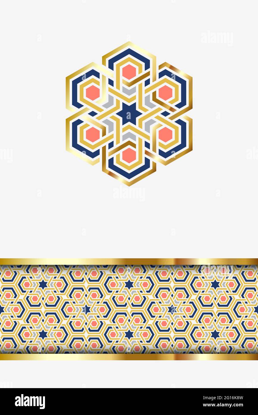 Modello biglietto di auguri per le festività musulmane. Geometria tradizionale arabica dell'islam, elemento di design decorativo e bordo del pattern. Illustrazione vettoriale. Ramadan K. Illustrazione Vettoriale