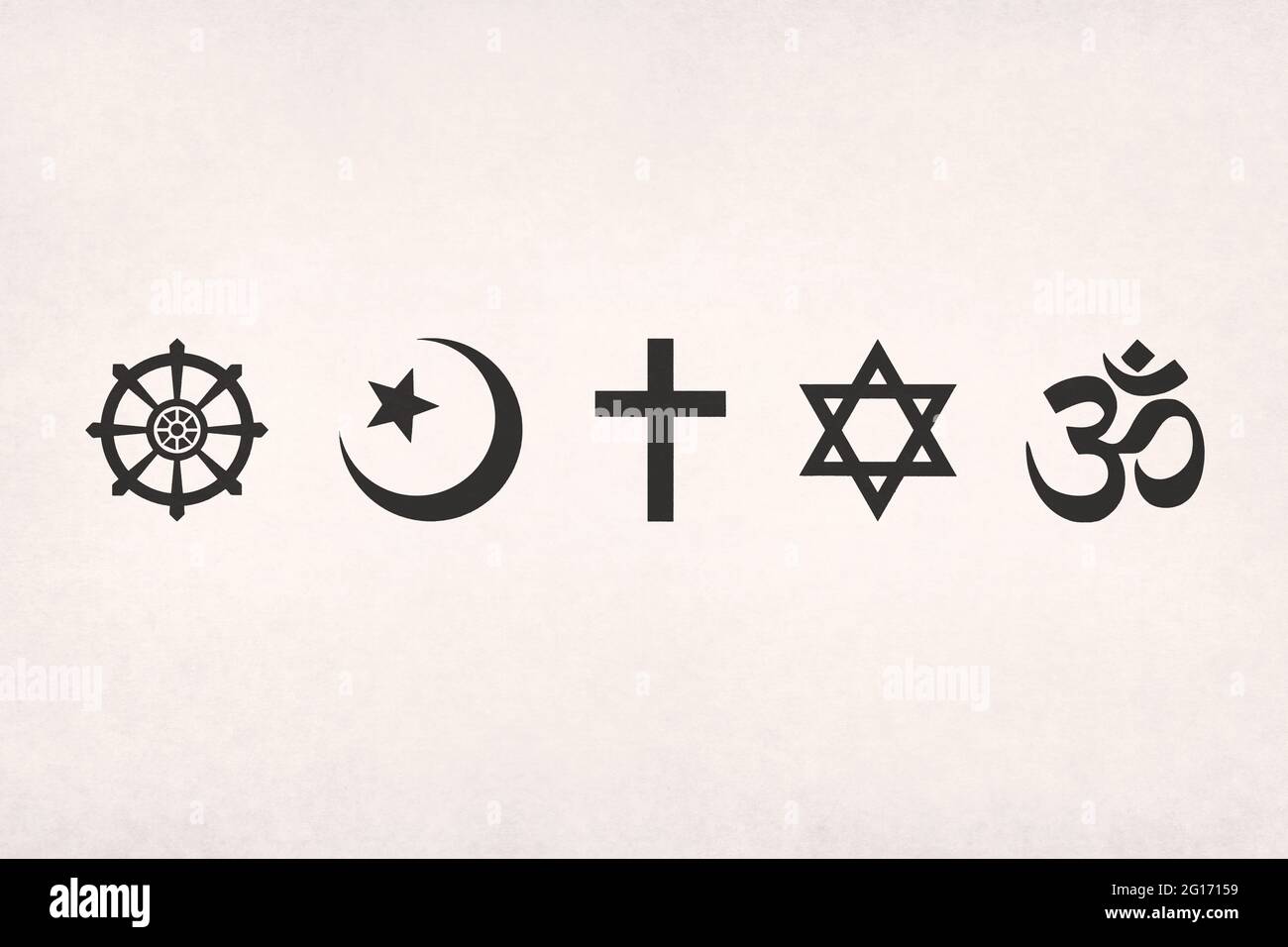 I principali simboli religiosi (buddismo, islam, cristianesimo, giudaismo e induismo) stampati su carta. Foto Stock