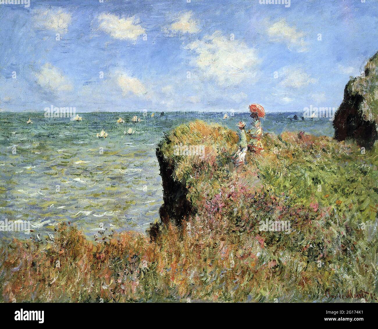 Claude Monet - Stampa Su Tela Cliff Walk At Pourville | Quadro Moderno Per Soggiorno | Cornice In Legno 101x76 Cm