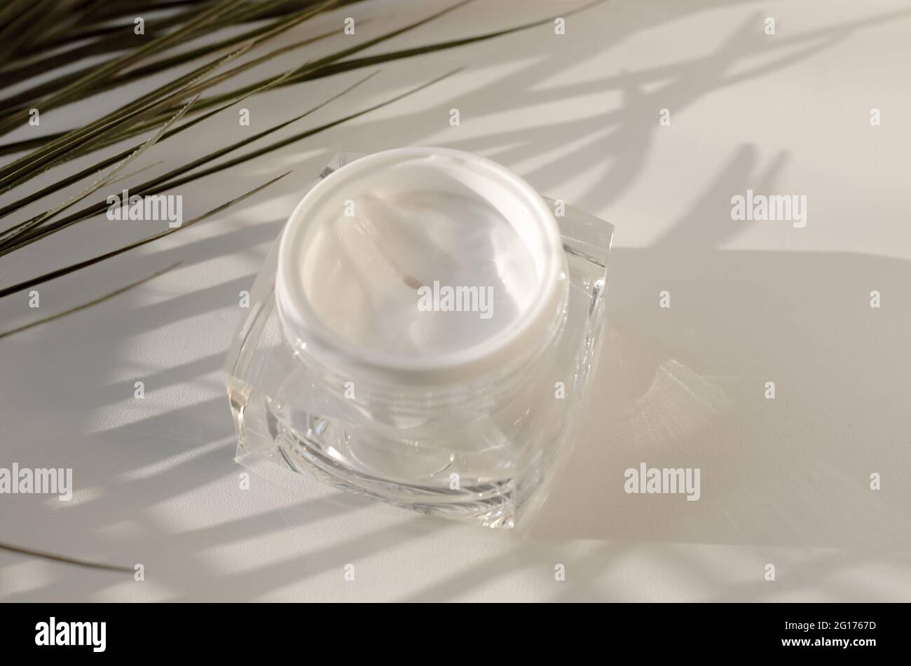 Un vaso aperto di crema su uno sfondo chiaro con ramoscelli di palma. Concetto di cura della pelle Foto Stock