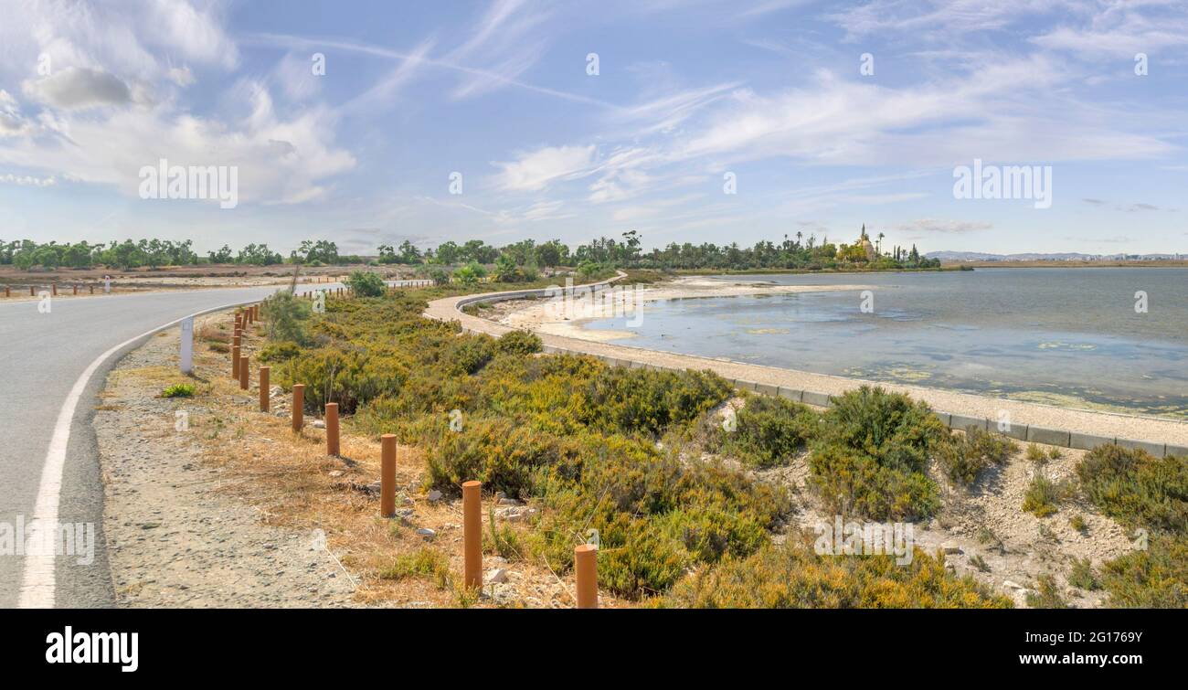 L'antica moschea Hala Sultan tekes sulla riva del lago salato a Cipro a Larnaca, la religione islamica è un santuario musulmano. Foto Stock