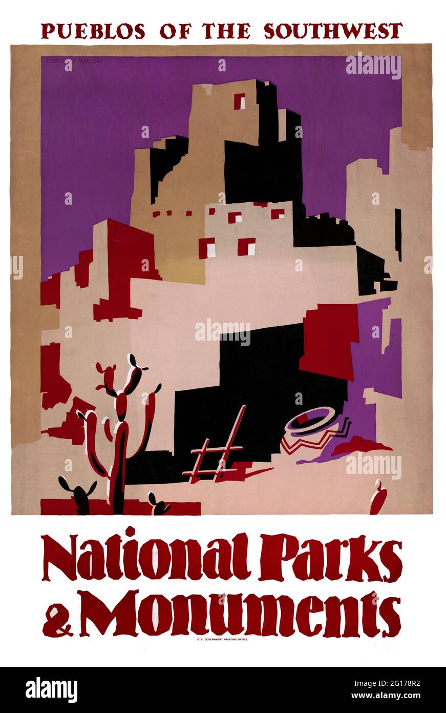 Parchi nazionali e Monumento. Pueblos del sud-ovest da Dorothy Waugh (1896-1996). Poster annato restaurato pubblicato nel 1930 negli Stati Uniti. Foto Stock