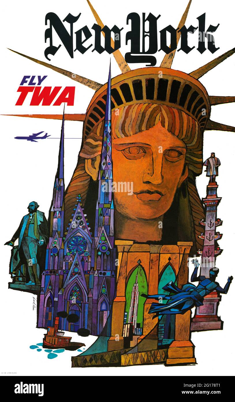 New York. Fly TWA di David Klein (1918-2005). Poster annato restaurato pubblicato nel 1970 negli Stati Uniti. Foto Stock