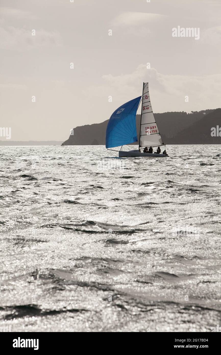 Lonely Open 5.70 in regata nella baia di Douarnenez, Crozon-Morgat, Bretagna, Francia Foto Stock