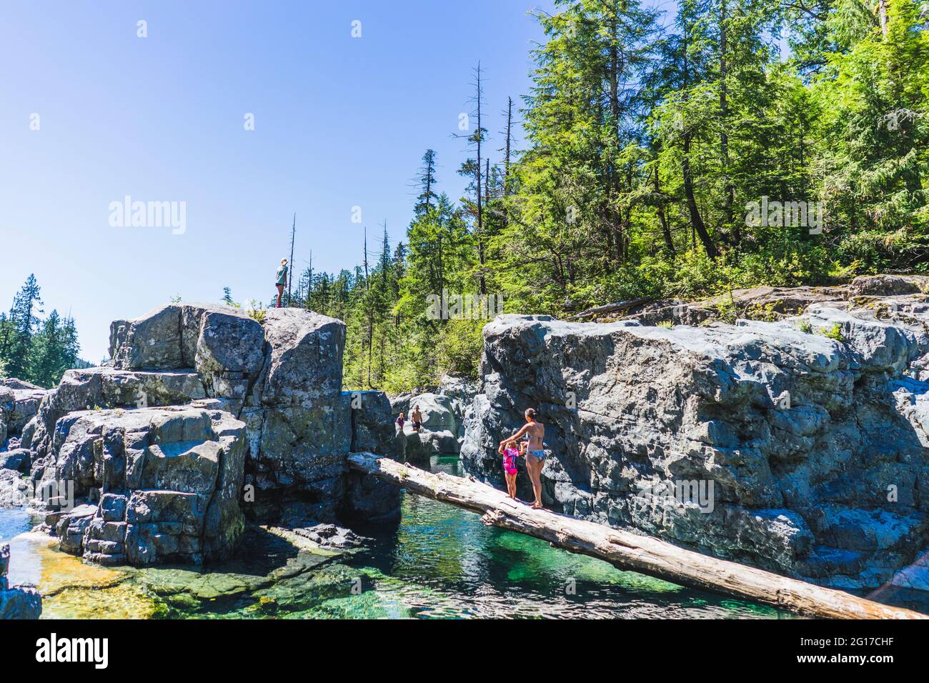 Area di salto con le scogliere lungo l'autostrada pacific Rim, British Columbia, Canada, 2016 Foto Stock