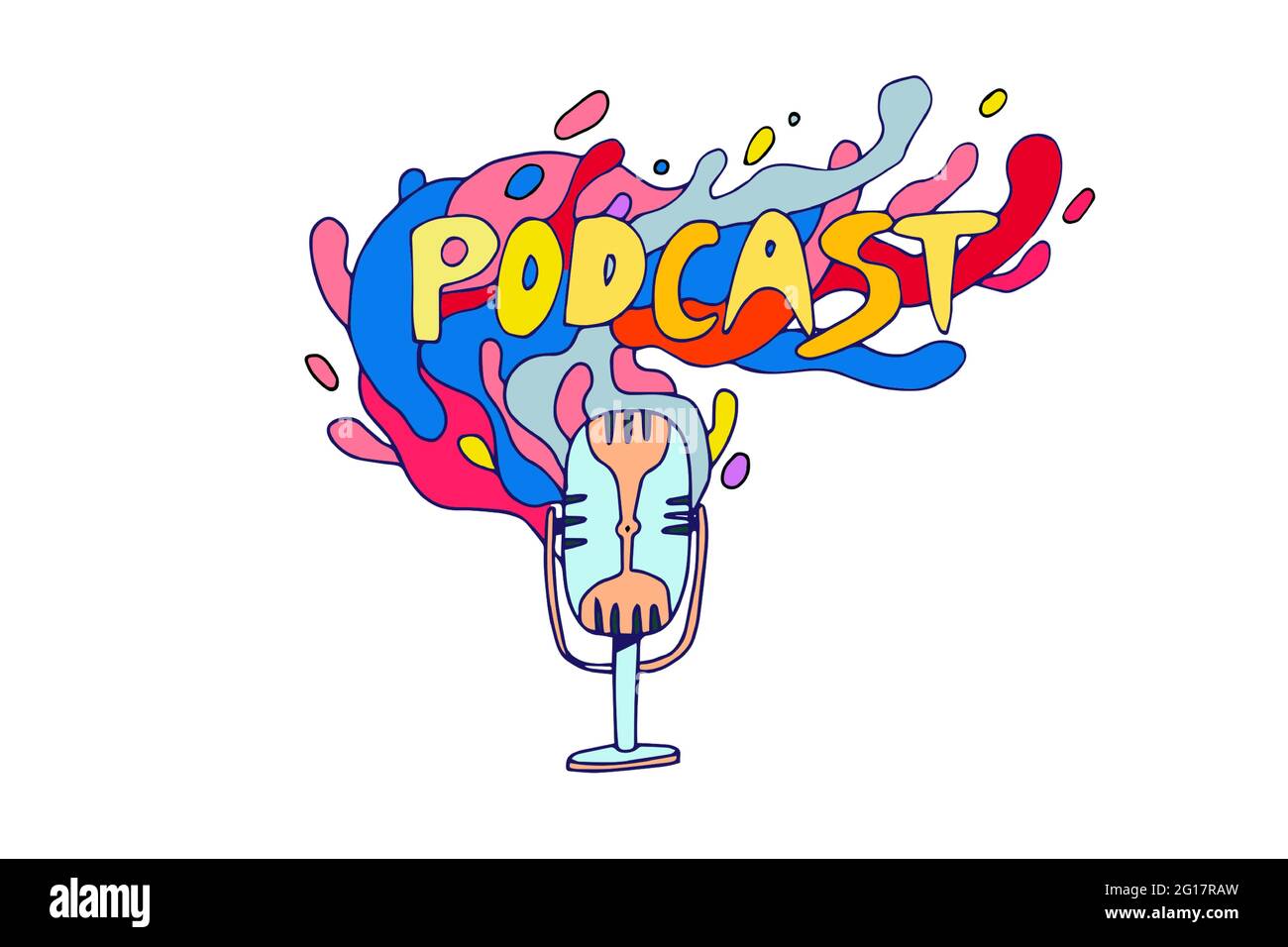 Logo podcast. Colorato cartoon doodle iscrizione podcast parola con microfono. Icona divertente cartone animato isolato. Ottimo per podcasting, trasmissioni, media Illustrazione Vettoriale