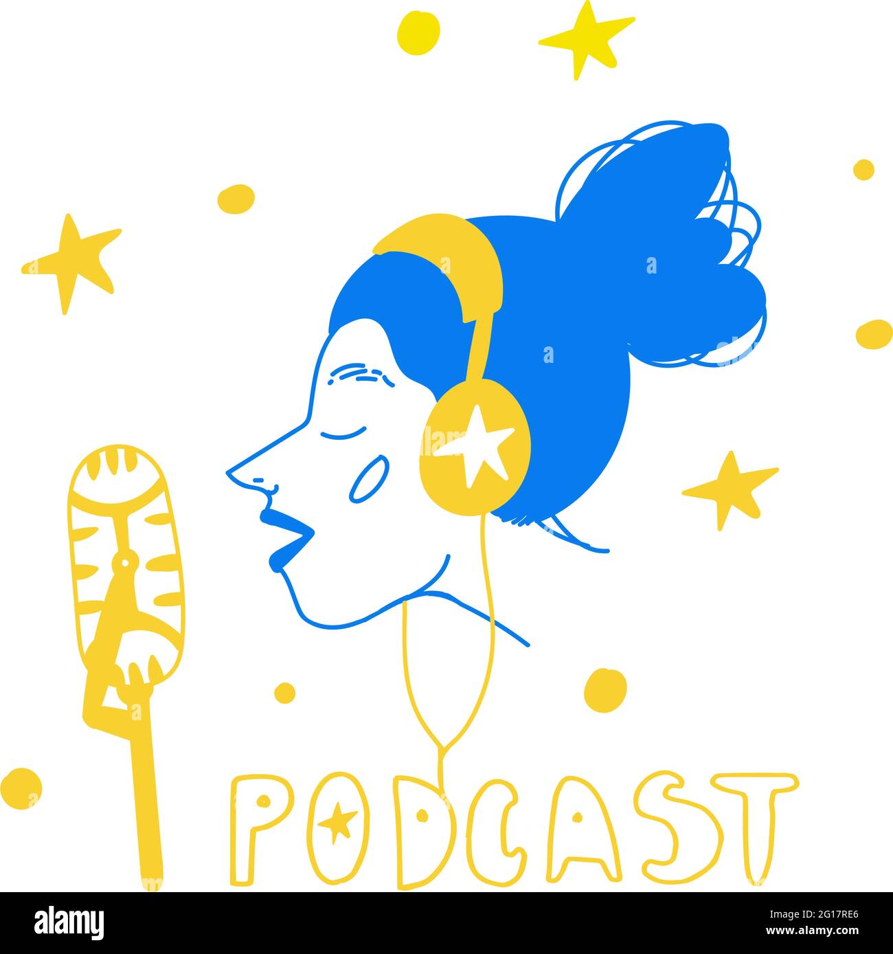 Podcast logo ragazza. Giovane blogger femminile che parla in microfono con le cuffie. Icona vettore con iscrizione. Profilo del viso con cuffie. Buono per p Illustrazione Vettoriale