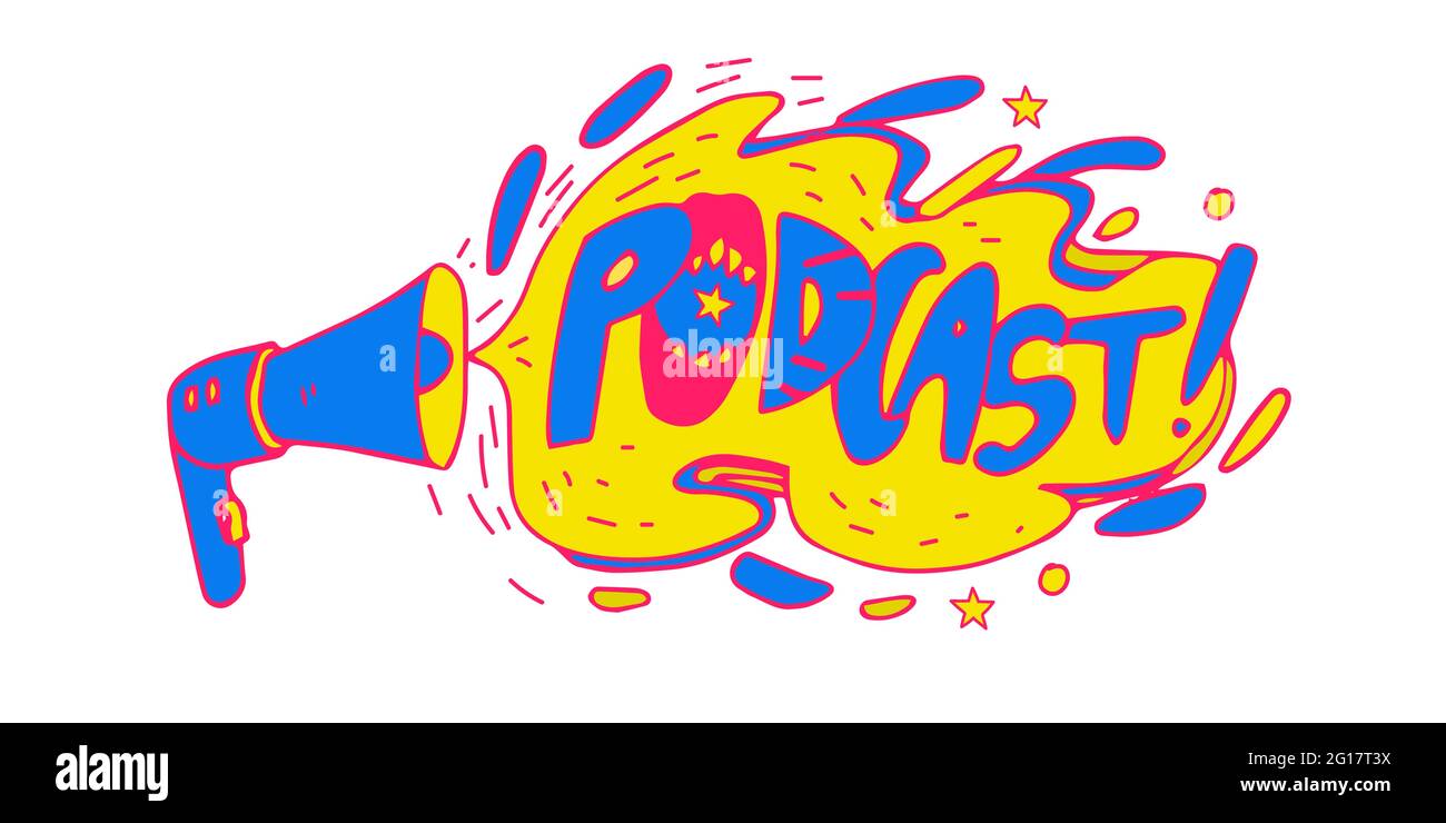 Logo podcast. Icona divertente del doodle del cartone animato. Podcast con lettere con altoparlante e bocca. Ottimo per podcasting, broadcasting, media hosting, banner, Illustrazione Vettoriale
