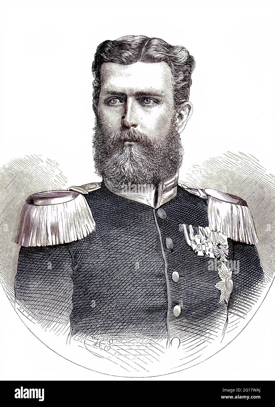 Leopoldo Stephan Karl Anton Gustav Eduard Tassilo Fuerst von Hohenzollern, 22 settembre 1835 – 8 giugno 1905, è stato il capo del ramo svevo della Casa di Hohenzollern e ha svolto un ruolo sfuggente nella politica di potere europea, In connessione con la guerra franco-prussiana / Porträt von Leopold, Fürst von Hohenzollern, auf Deutsch - Leopold Stephan Karl Anton Gustav Eduard Tassilo Fürst von Hohenzollern, 22. Settembre 1835 - 8. Juni 1905, war das Oberhaupt des schwäbischen Zweiges des Hauses Hohenzollern und spielte eine flüchtige Rolle in Foto Stock