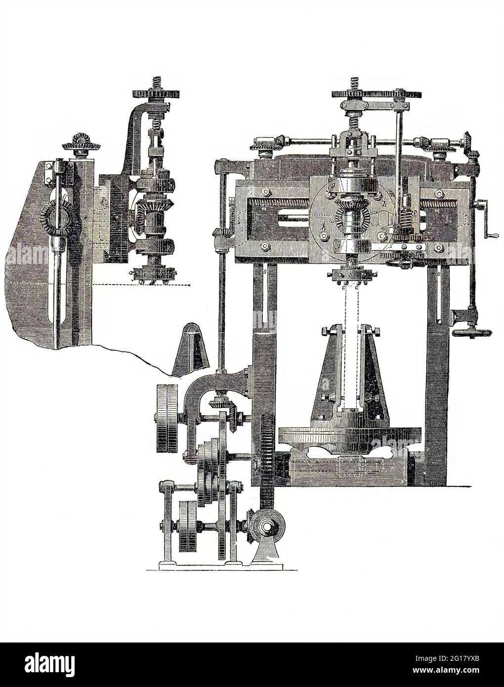 Fraris, fresatrice per la lavorazione di lastre metalliche piegate, prodotto industriale dell'anno 1880 / Frais-Maschine, Fräsmaschine zur Bearbeitung von gebogenen Blechen, Industrieprodukt aus dem Jahr 1880, riproduzione storica, digitale migliorata di un originale del XIX secolo / digitale Reproduktion einer Originalvorlage aus dem 19. Jahrhundert, Originaldatum nicht bekannt, Kolorierung, koloriert, handkoloriert, Colorazione a mano, colorata a mano Foto Stock