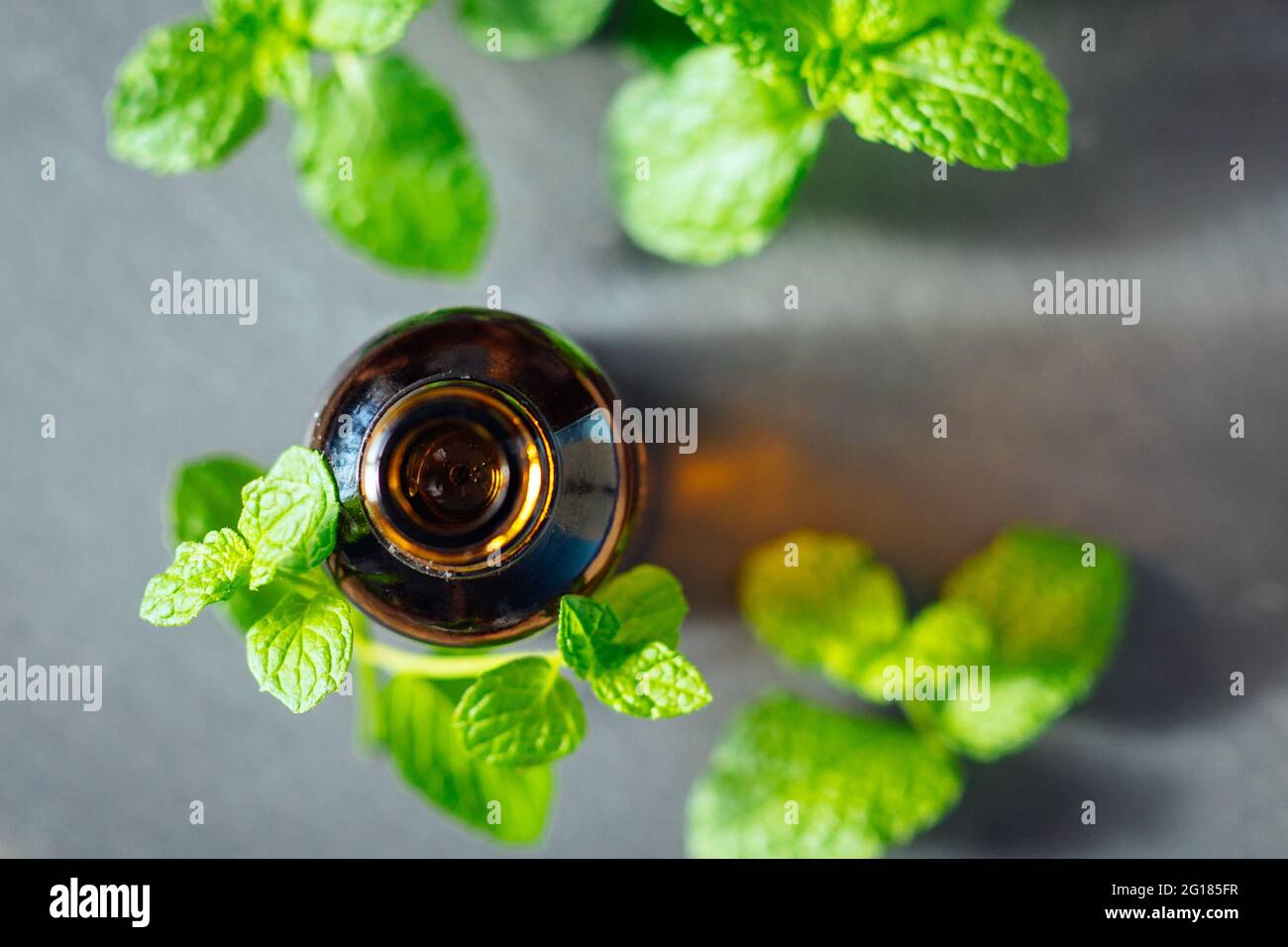 Olio essenziale di menta o menta piperita in una bottiglia di vetro utilizzata come medicina alternativa in aromaterapia o diluito in a. olio di supporto direttamente sulla pelle Foto Stock