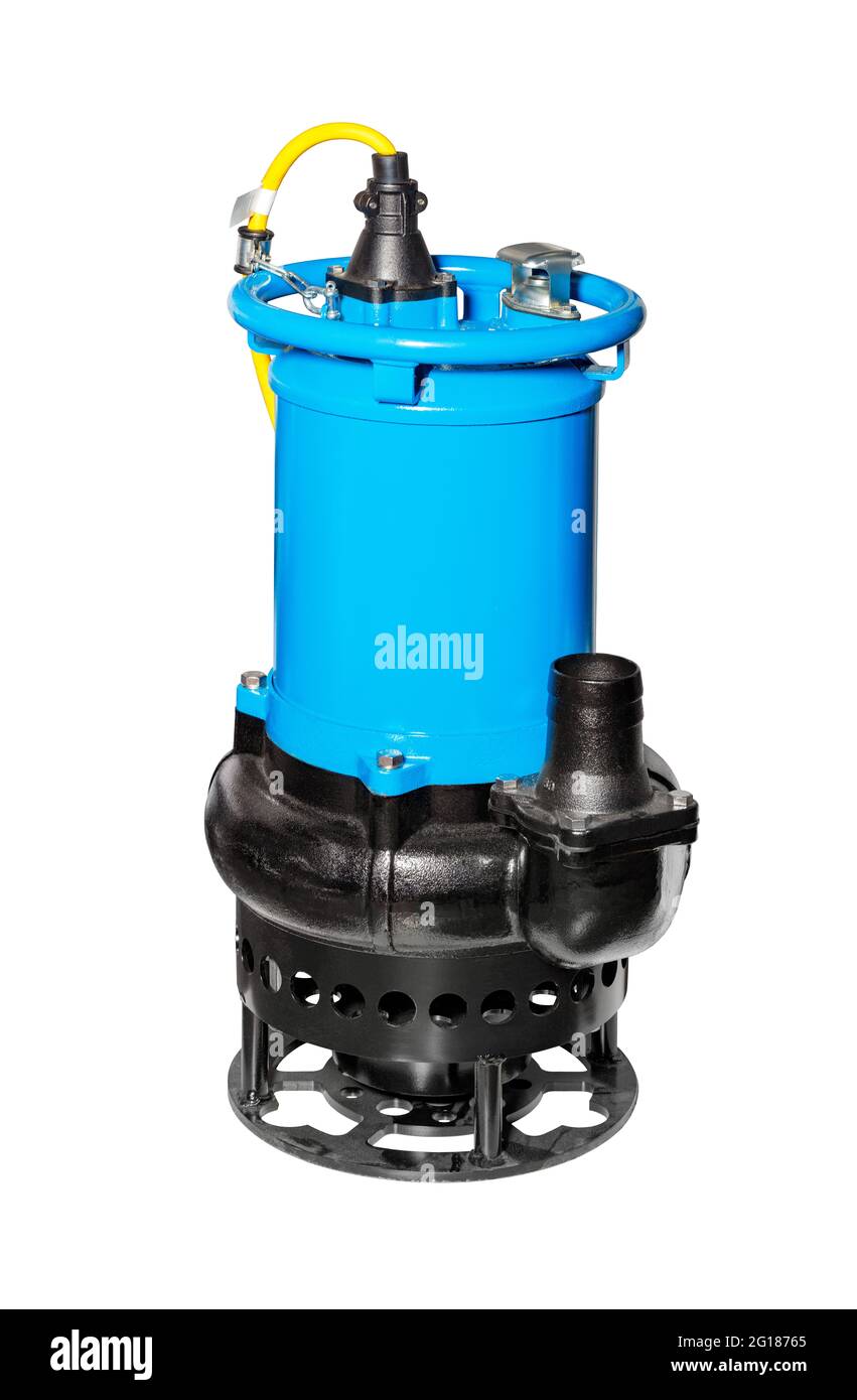 Potente pompa sommersa industriale di colore blu per l'estrazione di acque reflue, isolata su sfondo bianco. Foto Stock