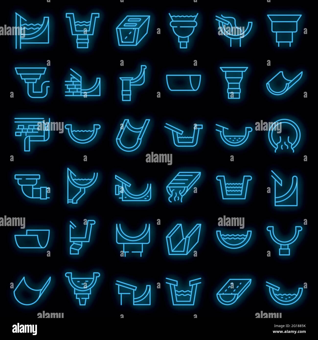 Set di icone di rilegatura. Contorno insieme di icone vettoriali di gutter colore neon su nero Illustrazione Vettoriale