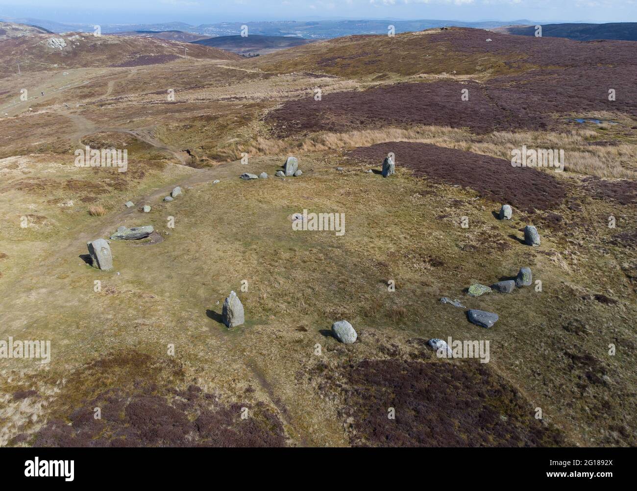Druids Circle, un cerchio di pietre preistoriche in Snowdonia, Galles del Nord Foto Stock