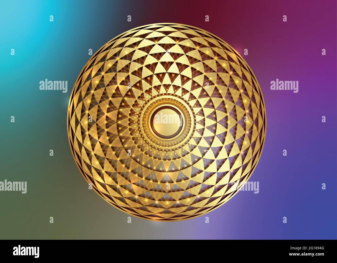 Torus Yantra, elemento base della geometria sacra dell'occhio ipnotico dorato. Ornamento matematico circolare con logo dorato. Ripetizione circolare dai cerchi incrociati, Illustrazione Vettoriale