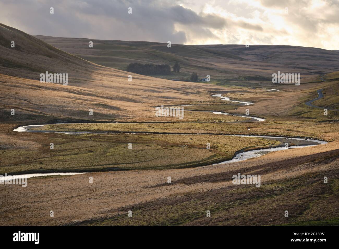 La Meandering Elan Valley nel mezzo del Galles Foto Stock