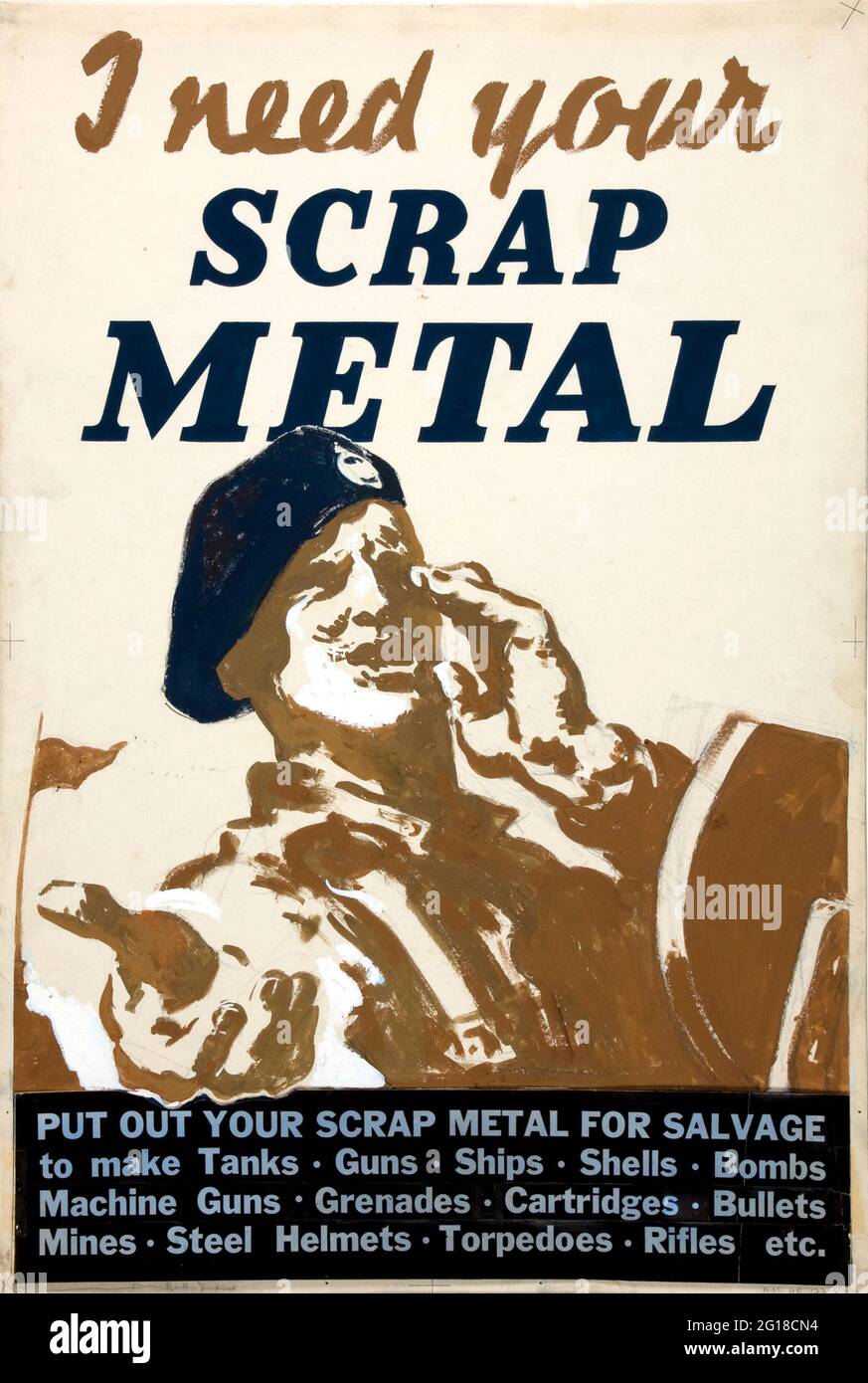 Un vecchio poster della seconda guerra mondiale che chiede rottami di metallo Foto Stock