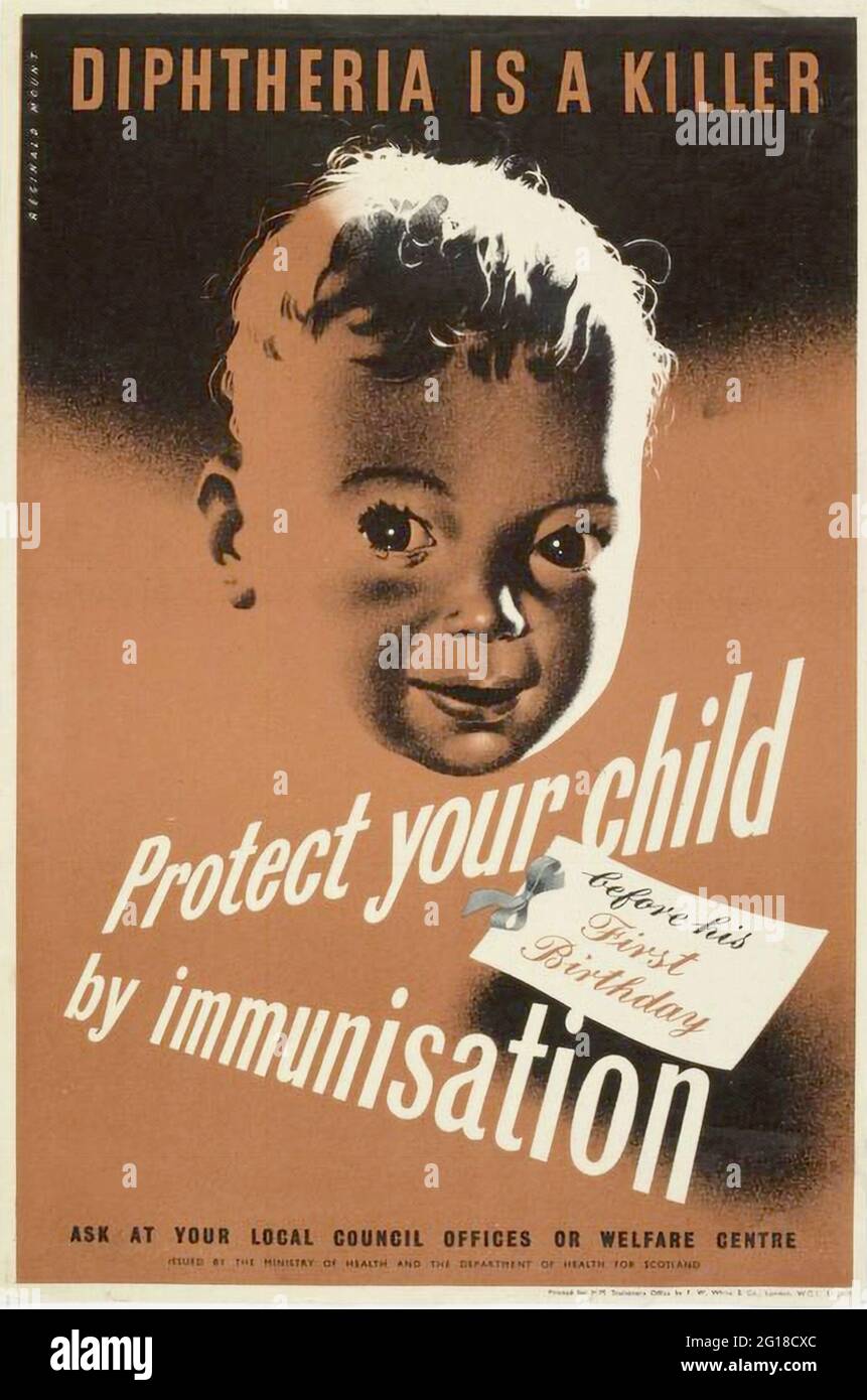 Un poster che promuove la vaccinazione contro la ditheria Foto Stock