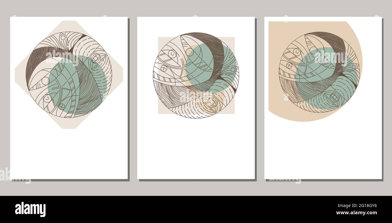 Set di poster in stile scandinavo minimalista boho. Striscioni vettoriali con fogliame di arte astratta e forme disegnate a mano. Adatto per la stampa di copertine o di copertine. Illustrazione Vettoriale