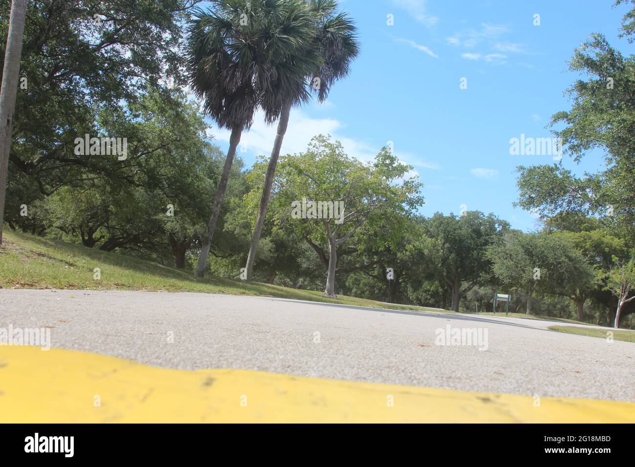 strada asfaltata ad angolo basso con sbalzo di velocità giallo Foto Stock