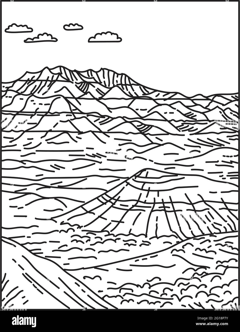 Illustrazione monolinea delle formazioni rocciose stratificate nel Parco Nazionale di Badlands situato nel South Dakota Stati Uniti d'America fatto in nero retrò e w Illustrazione Vettoriale